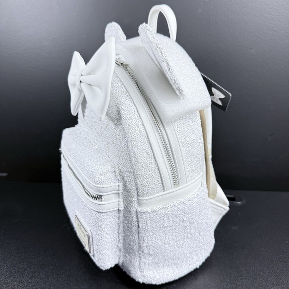 Loungefly Disney Minnie White Sequin Wedding Mini Backpack Iridescent‎ Bride - Picture 4 of 8